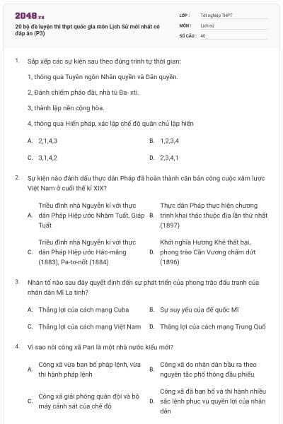 20 bộ đề luyện thi thpt quốc gia môn Lịch Sử mới nhất có đáp án (P3)