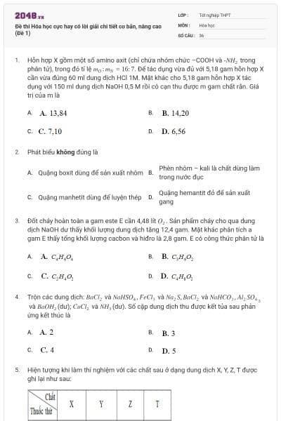 Đề thi Hóa học cực hay có lời giải chi tiết cơ bản, nâng cao (Đề 1)