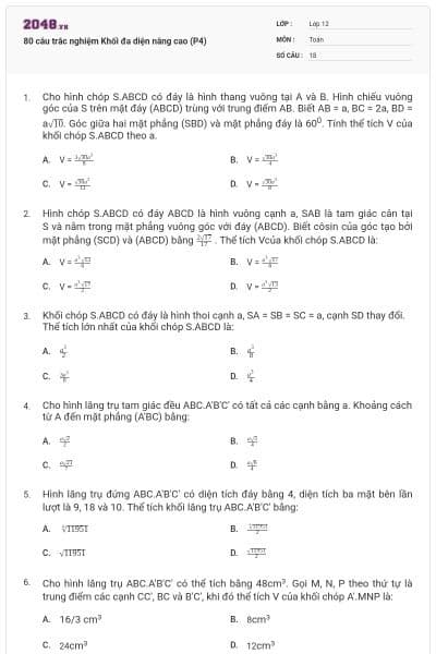80 câu trắc nghiệm Khối đa diện nâng cao (P4)