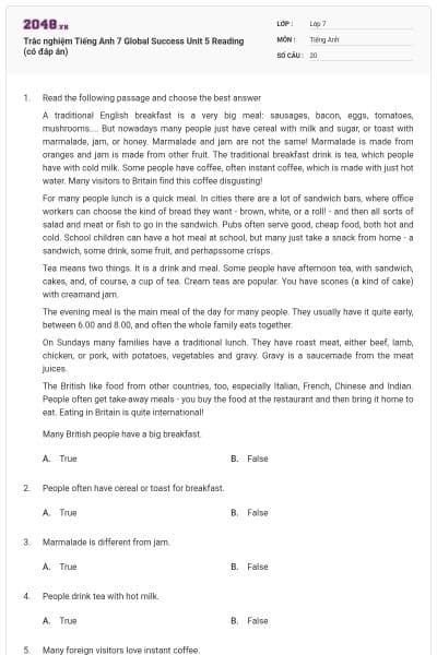 Trắc nghiệm Tiếng Anh 7 Global Success Unit 5 Reading (có đáp án)