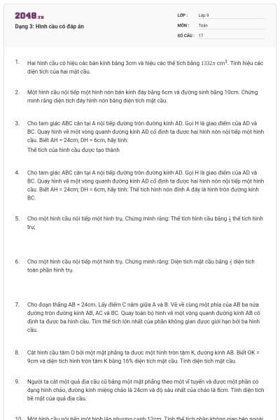 Dạng 3: Hình cầu có đáp án