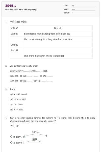 Giải VBT Toán 3 Bài 134: Luyện tập