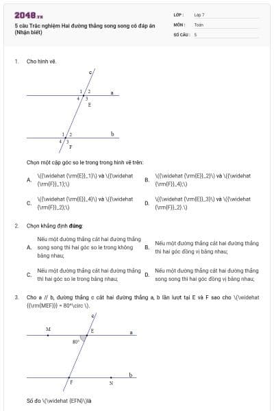 5 câu Trắc nghiệm Hai đường thẳng song song có đáp án (Nhận biết)