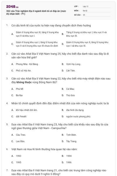 362 câu Trắc nghiệm Địa lí ngành kinh tế có đáp án (mức độ nhận biết - P1)