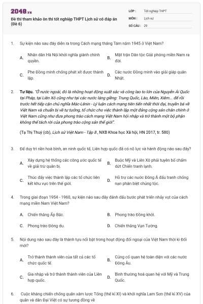 Đề thi tham khảo ôn thi tốt nghiệp THPT Lịch sử có đáp án (Đề 6)