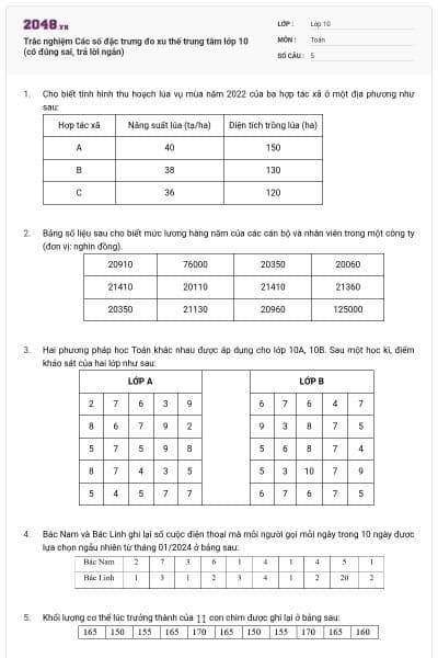 Trắc nghiệm Các số đặc trưng đo xu thế trung tâm lớp 10 (có đúng sai, trả lời ngắn)