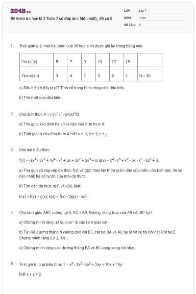 Đề kiểm tra học kì 2 Toán 7 có đáp án ( Mới nhất)_ đề số 5