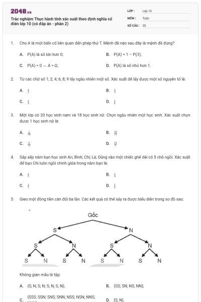 Trắc nghiệm Thực hành tính xác suất theo định nghĩa cổ điển lớp 10 (có đáp án - phần 2)