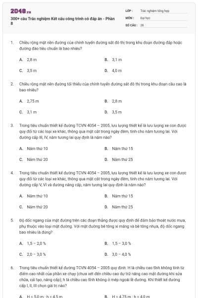 300+ câu Trắc nghiệm Kết cấu công trình có đáp án - Phần 8