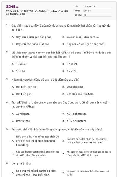 25 Bộ đề thi thử THPTQG môn Sinh hoc cực hay có lời giải chi tiết (Đề số 20)