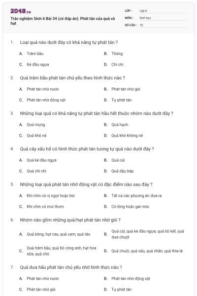 Trắc nghiệm Sinh 6 Bài 34 (có đáp án): Phát tán của quả và hạt