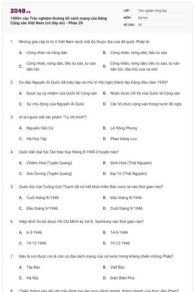 1000+ câu Trắc nghiệm Đường lối cách mạng của Đảng Cộng sản Việt Nam (có đáp án) - Phần 28
