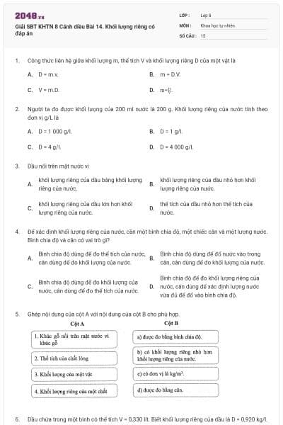 Giải SBT KHTN 8 Cánh diều Bài 14. Khối lượng riêng có đáp án
