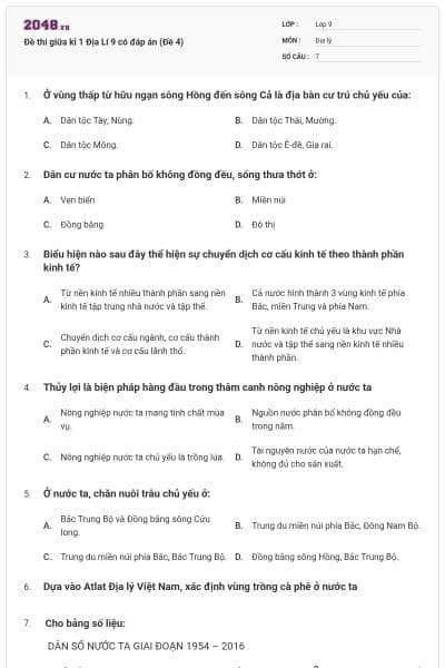Đề thi giữa kì 1 Địa Lí 9 có đáp án (Đề 4)