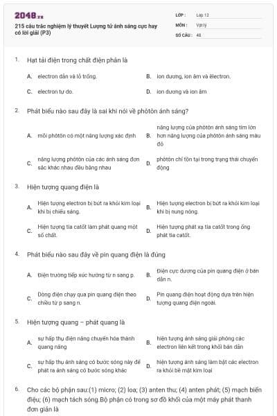 215 câu trắc nghiệm lý thuyết Lượng tử ánh sáng cực hay có lời giải (P3)