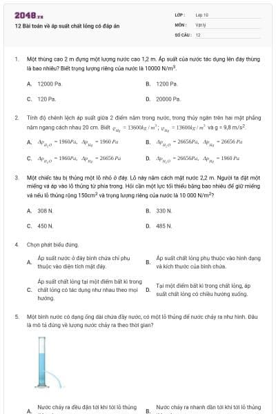 12 Bài toán về áp suất chất lỏng có đáp án