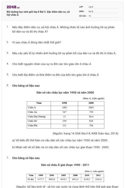 Bồi dưỡng học sinh giỏi lớp 8 Bài 5. Đặc điểm dân cư, xã hội châu Á