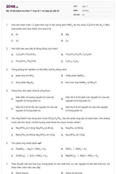 Bộ 10  Đề kiểm tra Hóa 11 học kì 1 có đáp án (đề 9)