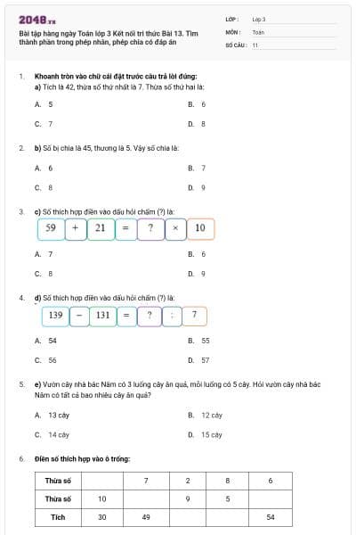 Bài tập hàng ngày Toán lớp 3 Kết nối tri thức Bài 13. Tìm thành phần trong phép nhân, phép chia có đáp án