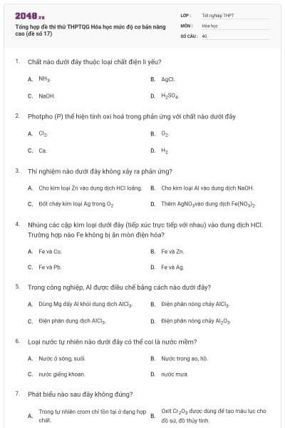 Tổng hợp đề thi thử THPTQG Hóa học mức độ cơ bản nâng cao (đề số 17)