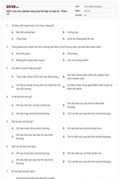 400+ Câu trắc nghiệm tổng hợp Hô hấp có đáp án - Phần 10