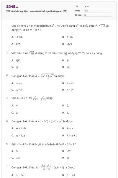 200 câu trắc nghiệm Hàm số mũ và Logarit nâng cao (P1)