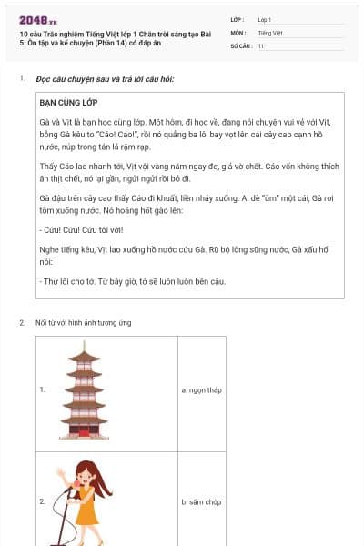 10 câu Trắc nghiệm Tiếng Việt lớp 1 Chân trời sáng tạo Bài 5: Ôn tập và kể chuyện (Phần 14) có đáp án