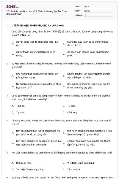 15 câu trắc nghiệm Lịch sử 9 Chân trời sáng tạo Bài 5 có đáp án (Phần 1)
