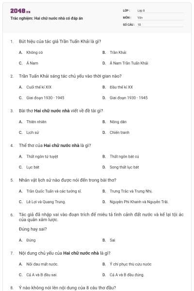 Trắc nghiệm: Hai chữ nước nhà có đáp án