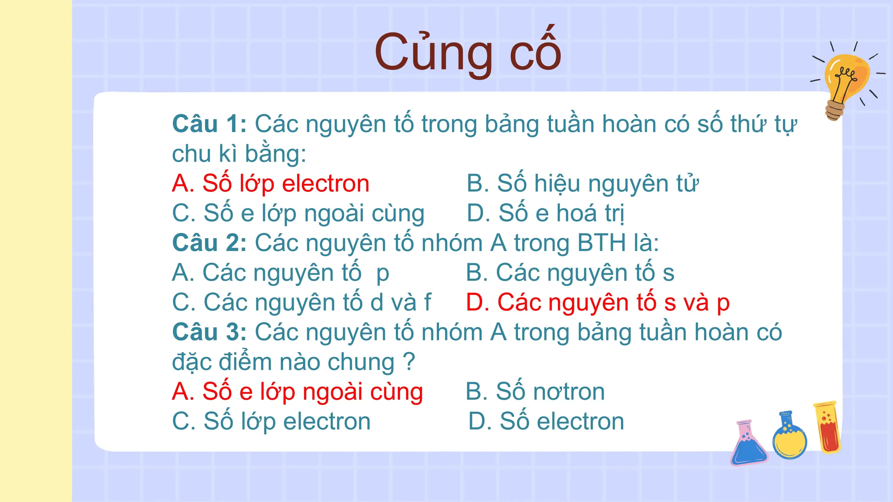 Củng cố
Câu 1: Các nguyên tố trong bảng tuần hoàn có số thứ tự
chu kì bằng:
A. Số lớp electron B. Số hiệu nguyên tử
C. Số e lớp ngoài cùng D. Số e hoá trị
Câu 2: Các nguyên tố nhóm A trong BTH là:
A. Các nguyên tố p B. Các nguyên tố s
C. Các nguyên tố d và f D. Các nguyên tố s và p
Câu 3: Các nguyên tố nhóm A trong bảng tuần hoàn có
đặc điểm nào chung ?
A. Số e lớp ngoài cùng B. Số nơtron
C. Số lớp electron D. Số electron