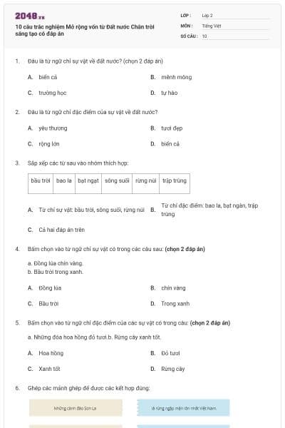 10 câu trắc nghiệm Mở rộng vốn từ Đất nước Chân trời sáng tạo có đáp án