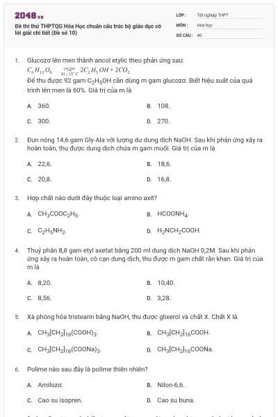 Đề thi thử THPTQG Hóa Học chuẩn cấu trúc bộ giáo dục có lời giải chi tiết (Đề số 10)