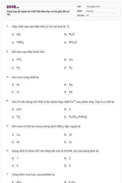 Tổng hợp đề luyện thi THPTQG Hóa Học có lời giải (Đề số 16)