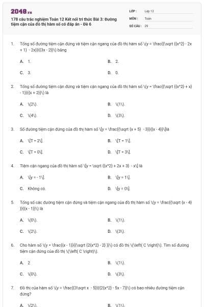 178 câu trắc nghiệm Toán 12 Kết nối tri thức Bài 3: Đường tiệm cận của đồ thị hàm số có đáp án - Đề 6