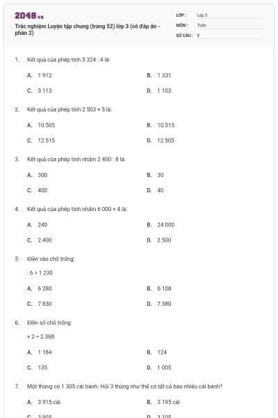 Trắc nghiệm Luyện tập chung (trang 52) lớp 3 (có đáp án - phần 2)