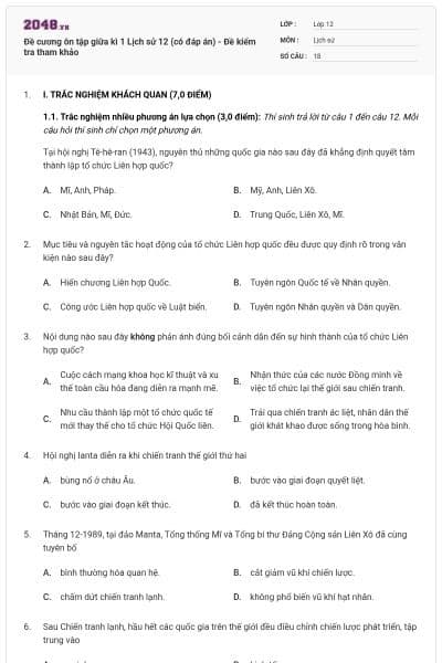Đề cương ôn tập giữa kì 1 Lịch sử 12 (có đáp án) - Đề kiểm tra tham khảo