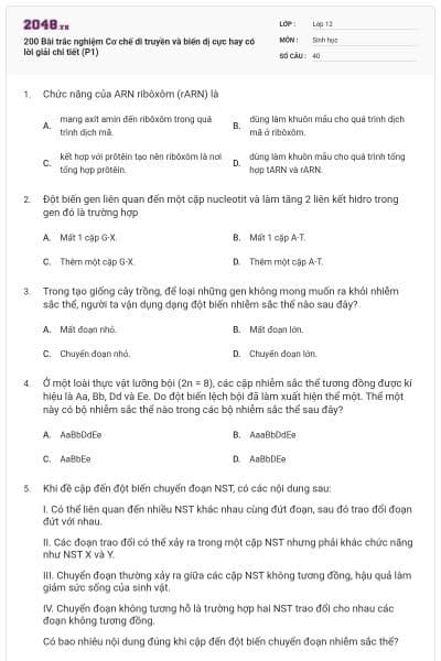 200 Bài trắc nghiệm Cơ chế di truyền và biến dị cực hay có lời giải chi tiết (P1)