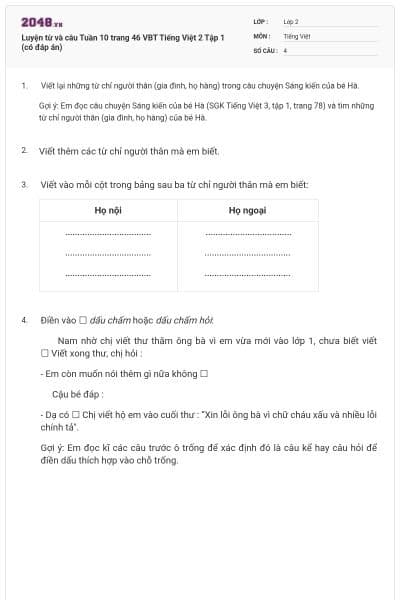Luyện từ và câu Tuần 10 trang 46 VBT Tiếng Việt 2 Tập 1 (có đáp án)