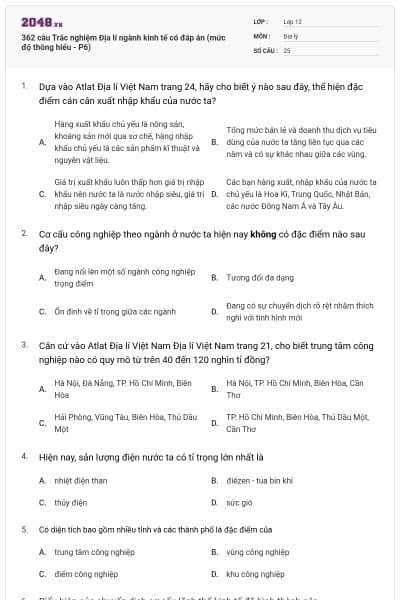 362 câu Trắc nghiệm Địa lí ngành kinh tế có đáp án (mức độ thông hiểu - P6)