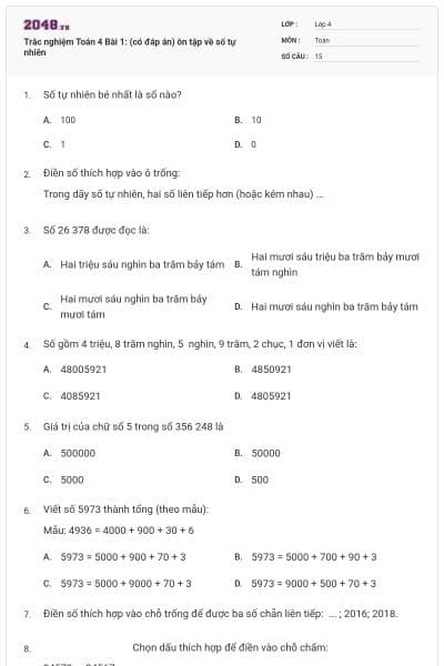 Trắc nghiệm Toán 4 Bài 1: (có đáp án) ôn tập về số tự nhiên