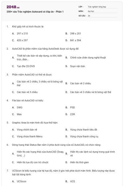 200+ câu Trắc nghiệm Autocard có đáp án - Phần 1