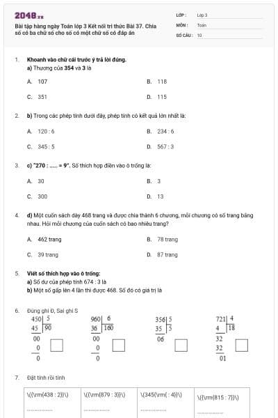 Bài tập hàng ngày Toán lớp 3 Kết nối tri thức Bài 37. Chia số có ba chữ số cho số có một chữ số có đáp án