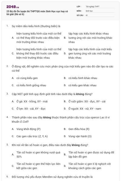 25 Bộ đề Ôn luyện thi THPTQG môn Sinh Học cực hay có lời giải (Đề số 6)