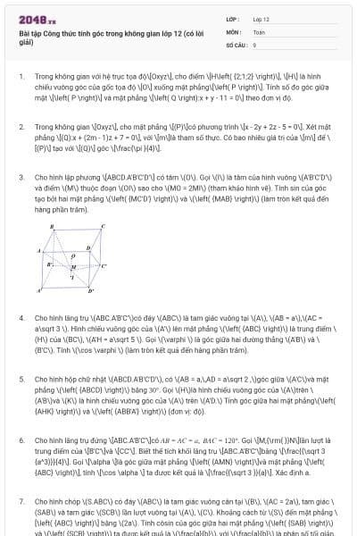 Bài tập Công thức tính góc trong không gian lớp 12 (có lời giải)