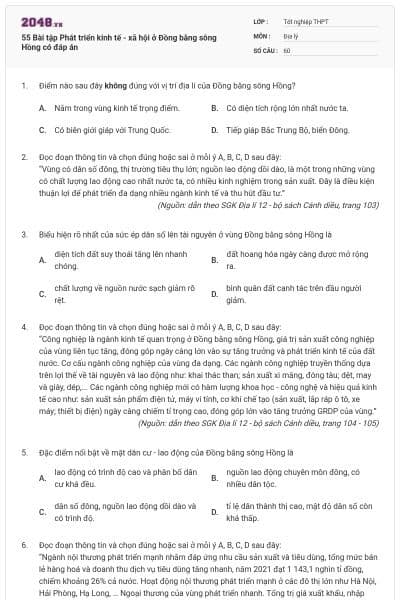 55 Bài tập Phát triển kinh tế - xã hội ở Đồng bằng sông Hồng có đáp án