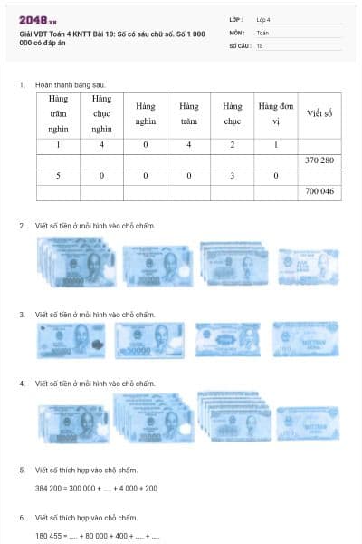 Giải VBT Toán 4 KNTT Bài 10: Số có sáu chữ số. Số 1 000 000 có đáp án