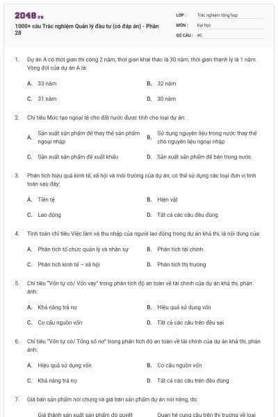1000+ câu Trắc nghiệm Quản lý đầu tư (có đáp án) - Phần 28