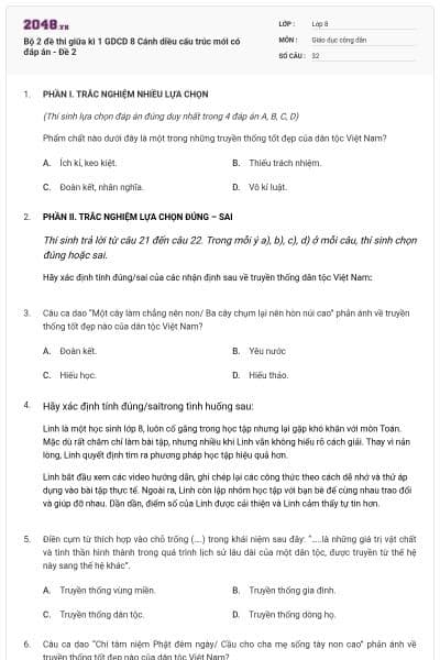 Bộ 2 đề thi giữa kì 1 GDCD 8 Cánh diều cấu trúc mới có đáp án - Đề 2
