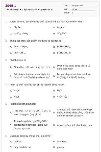 15 đề Ôn luyện Hóa học cực hay có lời giải (Đề số 4)