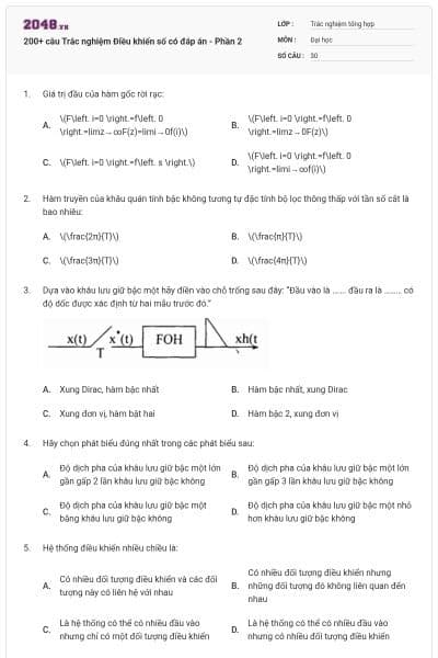 200+ câu Trắc nghiệm Điều khiển số có đáp án - Phần 2